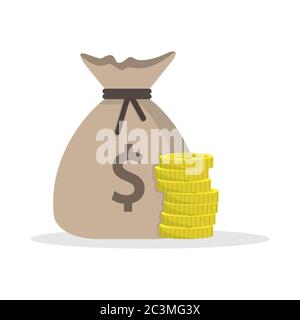 Beutel mit Geld und ein Stapel Münzen. Einfaches flaches Farbsymbol auf weißem Hintergrund isoliert Stock Vektor
