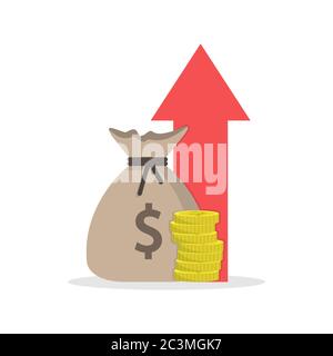 Beutel und einen Stapel Münzen mit einem Pfeil nach oben. Einfaches flaches Farbsymbol auf weißem Hintergrund isoliert Stock Vektor