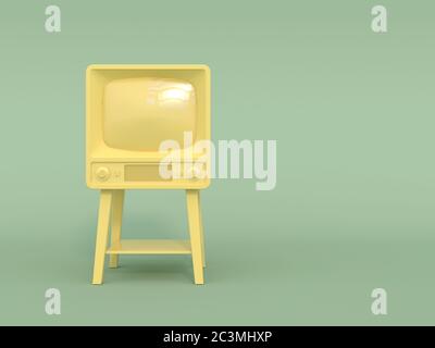 Alter Retro-fernseher in monochromer gelber Farbe auf hellgrünem Hintergrund. Pastellfarben. Speicherplatz kopieren. Cartoon-Stil. 3D-Illustration. Stockfoto