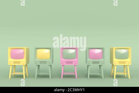 Alter Retro-fernseher in Pastellfarben auf hellgrünem Hintergrund, der in einer Reihe steht. Cartoon-Stil. 3D-Illustration. Stockfoto