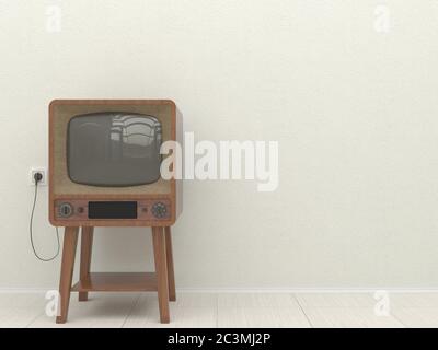 Alter Retro-Fernseher im Inneren eines Wohnzimmers auf einem Hintergrund einer weißen verputzten Wand. Speicherplatz kopieren. 3D-Illustration. Stockfoto