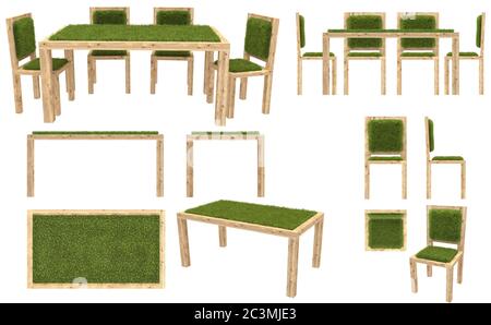 Holztisch und Stühle mit Grasbedeckung. Gartenmöbel. Draufsicht, Seitenansicht, Vorderansicht. Isoliert auf weißem Hintergrund. 3D-Visualisierung. Stockfoto