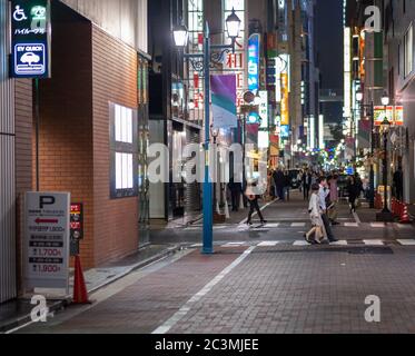 Fußgänger in Ginza Bezirk Hinterallee, bei Nacht, Tokio, Japan.