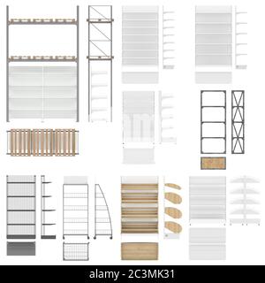 Set von Einzelhandelsgeschäft Ausrüstung für Geschäfte, Supermärkte, Hypermärkte. Handelsregale isoliert auf weißem Hintergrund. Abgewickelte Ebene in der Draufsicht, vorne V Stockfoto