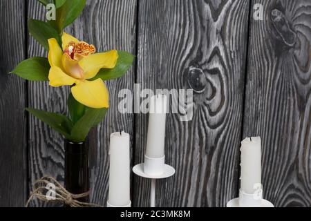 Cymbidium Orchideenblume und Kerzen. Vor dem Hintergrund von bemalten Kiefernholzplatten. Stockfoto