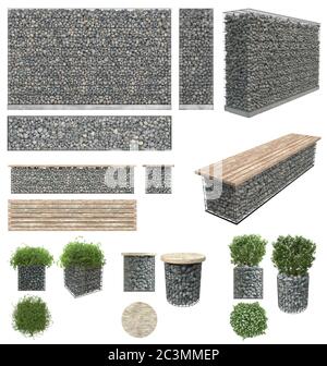 Gabion - Steine in Drahtgeflecht. Wand, Bank, Blumentöpfe mit Pflanzen der Felsen und Metallroste. Isoliert auf weißem Hintergrund. Vorderansicht, Seitenansicht, Stockfoto