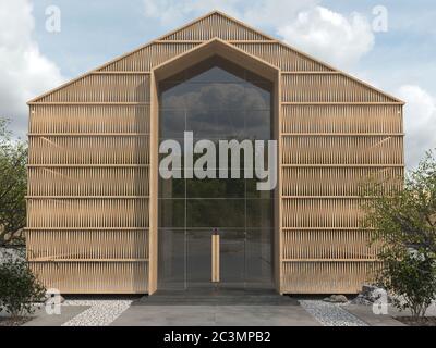 Ein kommerzielles öffentliches Gebäude oder Pavillon mit einem Schrägdach. Moderne, kreative Fassade mit einer Eingangsgruppe aus Glas und Holzlattenwänden. Speicherplatz kopieren. Stockfoto
