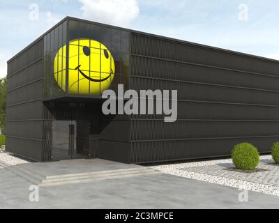 Riesige kugelförmige gelbe Smiley-Gesicht im Fenster eines schwarzen monochromen Gebäudes. Große aufgeblasene Kugel in der städtischen Architektur. Moderne, kreative Fassade. Cop Stockfoto