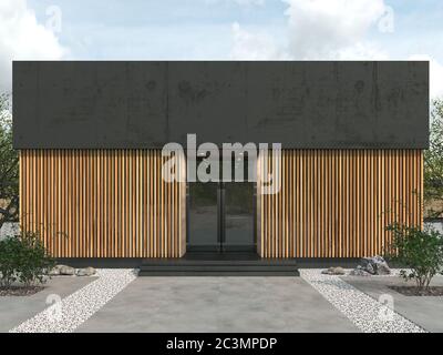 Modernes Gebäude im Loft-Stil mit rechteckiger Form und flachem Dach. Fassade mit einer Glas-Eingangstür und Holzlattenwänden. Speicherplatz kopieren. Ort für Stockfoto