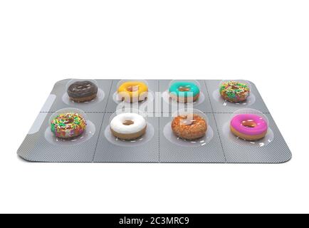 Kleine Donuts in einer Blister statt Pillen. Süßigkeiten Verpackung in Serviergröße isoliert auf weißem Hintergrund. Kreatives Konzept. 3D-Renderdarstellung Stockfoto