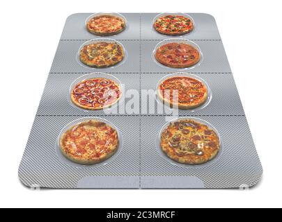 Kleine Pizza in einer Blister statt Pillen. Fast Food in Serviergröße auf weißem Hintergrund. Kreatives Konzept. 3D-Renderdarstellung Stockfoto