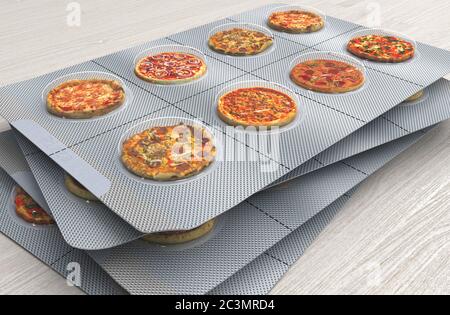 Kleine Pizza in einer Blister statt Pillen. Fast Food in Serviergröße. Kreatives Konzept. 3D-Renderdarstellung. Stockfoto