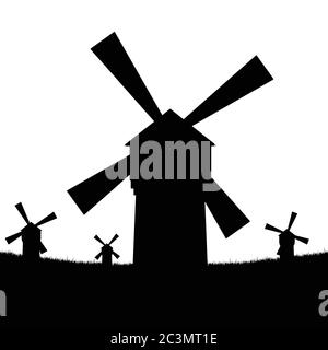 Windmühle Silhouette in schwarz mit Gras Vektor Stock Vektor