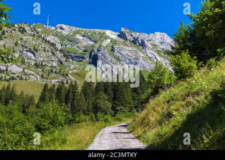 Herrliche Aussicht auf den Gipfel Santis (Saentis) auf dem Wanderweg vom Tal, Kanton Appenzell, Schweiz Stockfoto