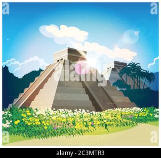 Stilisierte Vektordarstellung der alten Maya-Pyramiden im Dschungel Stock Vektor