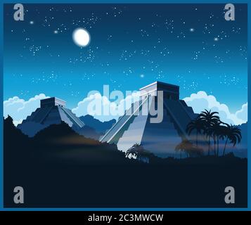 Stilisierte Vektordarstellung der alten Maya-Pyramiden im Dschungel bei Nacht Stock Vektor