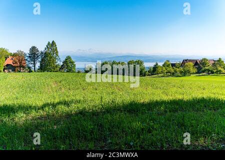 Blick auf Markdorf am Bodensee mit einem schönen Blick auf die Alpen Stockfoto