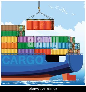 Stilisierte Vektordarstellung der Verladung von Containern auf einem Frachtschiff Stock Vektor