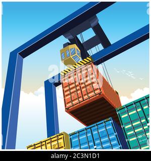 Vektor-Illustration zu einem Thema eines Gütertransports. Portalkran zum Heben von Containern Stock Vektor