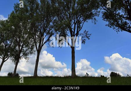 Kaufbeuren, Deutschland. Juni 2020. Eine Frau fährt mit dem Fahrrad vor einem teilweise wolkenbedeckten Himmel. Quelle: Karl-Josef Hildenbrand/dpa/Alamy Live News Stockfoto