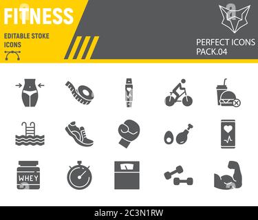 Fitness Glyph Icon Set, Sport Symbole Sammlung, Vektor-Skizzen, Logo-Illustrationen, Fitness-Symbole, Fitness-Zeichen solide Piktogramme, editierbare Kontur. Stock Vektor