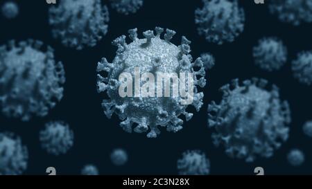 Viruszellen. 3D-Abbildung zur Grippeinfektion mit Coronavirus. Mikroskopische Ansicht von schwimmenden Viruszellen. Stockfoto