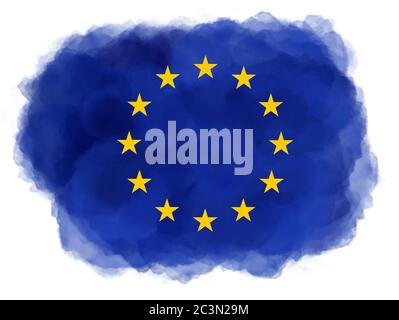 Blauer Aquarell-Splash mit Kreis von gelben Sternen aus der EU-Flagge der Europäischen Union isoliert auf weißem Hintergrund. Vom Computer generiertes Aquarellbild. Stockfoto
