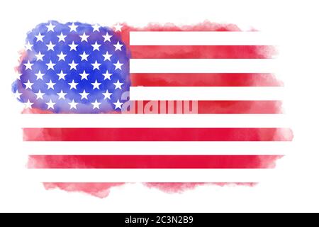 Rote Aquarellfarbe mit Sternen und Streifen von der amerikanischen Flagge USA isoliert auf weißem Hintergrund. Vom Computer generiertes Aquarellbild. Stockfoto