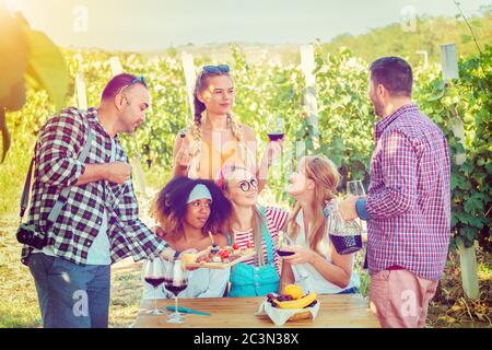 Glückliche Freunde, die Spaß an Picknick-Party im Weinberg Stockfoto