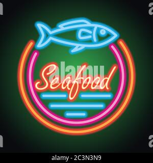 Meeresfrüchte-Restaurant Neon-Schild Plank. vektor-Illustration Stock Vektor