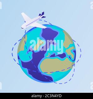 Flugzeug fliegt um die Welt Illustration. Weißes Passagierflugzeug fährt um den ganzen Planeten. Stock Vektor