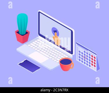 Desktop mit Laptop isometrischer Abbildung. Arbeitsplatz öffnen Laptop Tasse Kaffee Smartphone Schreibtisch Kalender. Stock Vektor
