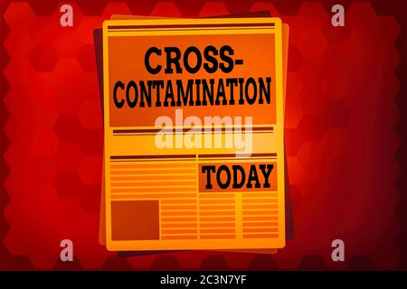 Textschild mit Kreuzkontamination. Business Foto Text unbeabsichtigte Übertragung von Bakterien von einer Substanz zu einer anderen Zeitung Seitenlayout Stockfoto