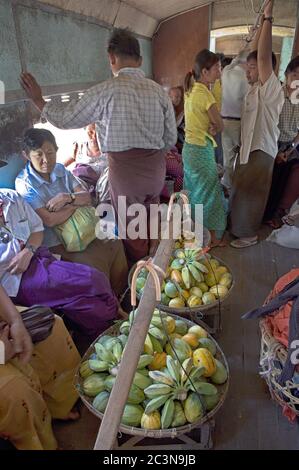 Verkauf von frischem Obst an Passagiere im Rundzug in Yangon Myanmar (Burma) Stockfoto