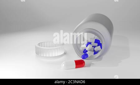 Selektiver Fokus der roten Kapsel Pillen auf weißem Tisch mit blauer Glasflasche. 3D-Rendering Stockfoto