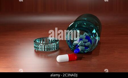 Selektiver Fokus der roten Kapsel Pillen auf Holz Tisch aus der blauen Glasflasche. 3D-Rendering Stockfoto