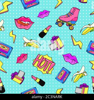 Style 90er Jahre Pop-Muster nahtlos. Retro Farbe Musikkassette hell Lippenstift rote Rolle mit fotografischen Film. Stock Vektor