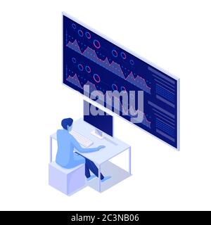Analyse von DNA-Informationen über Coronovirus isometrisches Konzept. Wissenschaftler Charakter-Test Infografik der Krankheit auf größeren Monitor. Stock Vektor