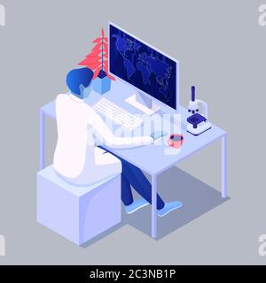 Wissenschaftler bei der Computerisometrie. Wissenschaftlicher Charakter hinter pc beobachtet Weltstatistiken Coronovirus. Stock Vektor