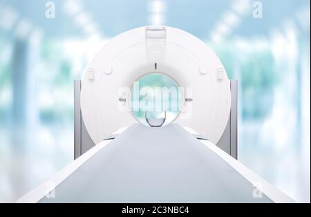 CT-Scanner mit mehreren Detektoren (Computertomographie) auf unscharfem Hintergrund im Krankenhauszimmer. Stockfoto