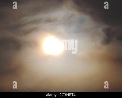 Manila, Philippinen. Juni 2020. Sonnenfinsternis die Zuschauer am Manila Baywalk waren von einem ungewöhnlichen Wetterereignis während der ringförmigen Sonnenfinsternis überrascht: Während sich die Finsternis entfaltete, überschüttete starker Regenguss die heiße und feuchte Umgebung von Manila und nach dem Regen, ein dramatischer Regenbogen um die Sonne, genannt Halo, zieht bezaubernde Aussicht in den Himmel. (Foto von Sherbien Dacalanio/Pacific Press) Quelle: Pacific Press Agency/Alamy Live News Stockfoto