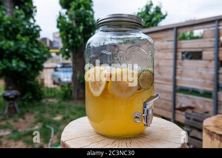 Hausgemachte Limonade mit Zitrone und Beeren auf einem Baumstamm Stockfoto