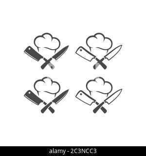 Küchenmesser oder -Messer mit Kochkappe gekreuzt, schwarzes Vektor-Piktogramm-Symbol. Logo für Restaurant. Stock Vektor