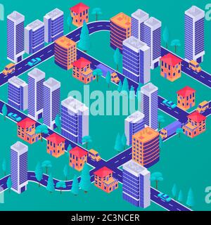 Isometrisches modernes Stadtkonzept. Stilvolle Business-Center mit Wohnapartmentgebäude grünen Park Bereich Autobahn. Stock Vektor