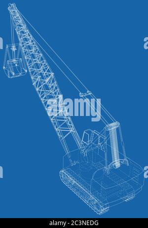 Dragline für den Kohlebergbau. Der Eimer ist riesig. Die Ebenen der sichtbaren und unsichtbaren Linien werden getrennt. Drahtrahmen. Stock Vektor