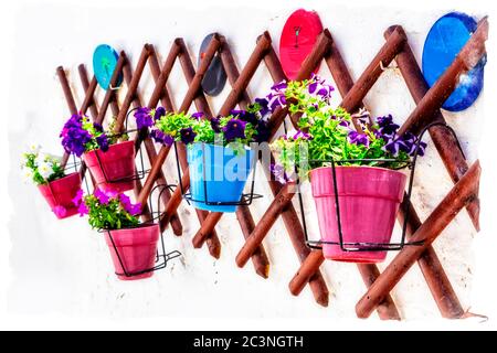 Florale Wanddekoration im rustikalen Stil, Ideen für Gartengestaltung Stockfoto