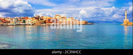 Kreta. Panorama der schönen Altstadt von Chania. Griechenland Reisen und Sehenswürdigkeiten Stockfoto