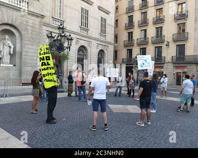 Barcelona, Spanien - 20. Juni 2020: Kundgebung gegen 5g und Impfungen auf dem Sant Jaume Platz Stockfoto