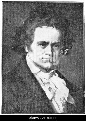 Porträt eines deutschen Komponisten und Pianisten - Ludwig van Beethoven. Illustration des 19. Jahrhunderts. Weißer Hintergrund. Stockfoto