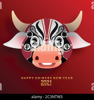 Chinesisches Neujahr 2021 Jahr des Ochsen, rotes Papier geschnitten Ochse Charakter, Blume und asiatische Elemente mit Handwerk Stil auf dem Hintergrund. (Chinesische Übersetzung: Happ Stock Vektor